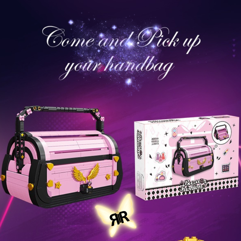 Set blocuri de constructie RIR®, Poseta Fashion Roz, cu accesorii aurii, 664 piese