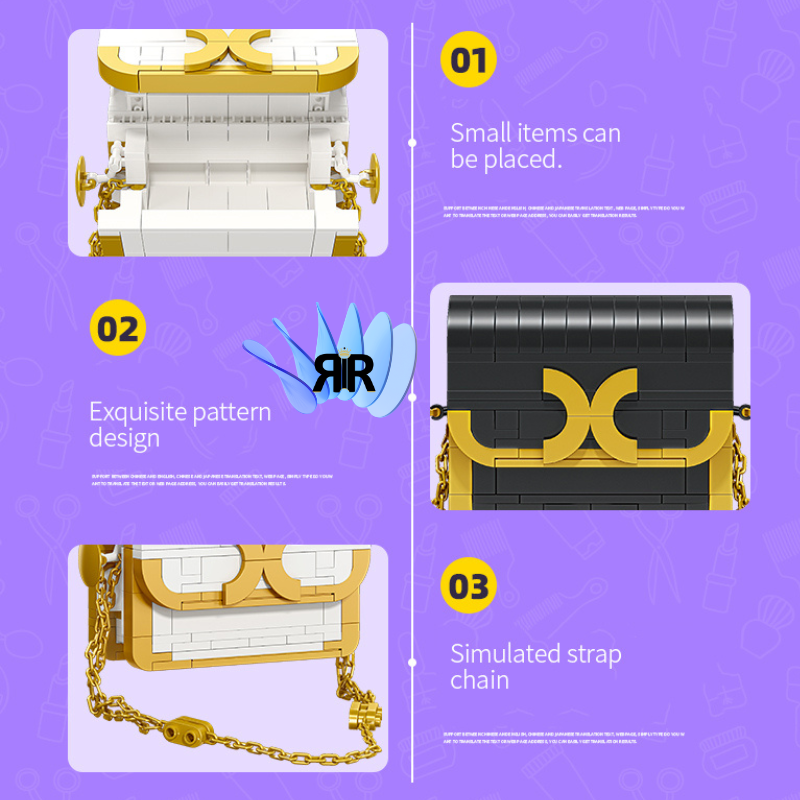 Set blocuri de constructie RIR®, Poseta Fashion alba cu accesorii aurii, 196 piese