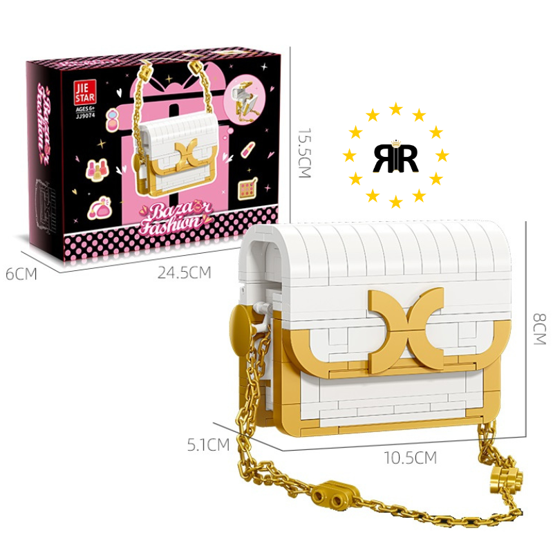 Set blocuri de constructie RIR®, Poseta Fashion alba cu accesorii aurii, 196 piese