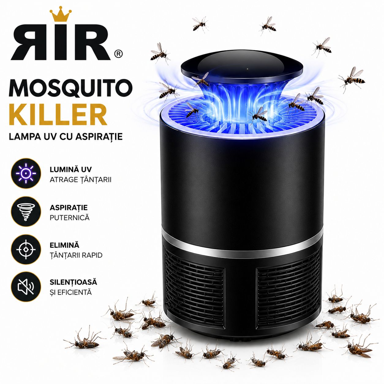 Lampă Anti-Țânțari RirBob™ cu UV și Ventilator de Aspirare, Alimentare USB, Protecție Eficientă împotriva Insectelor