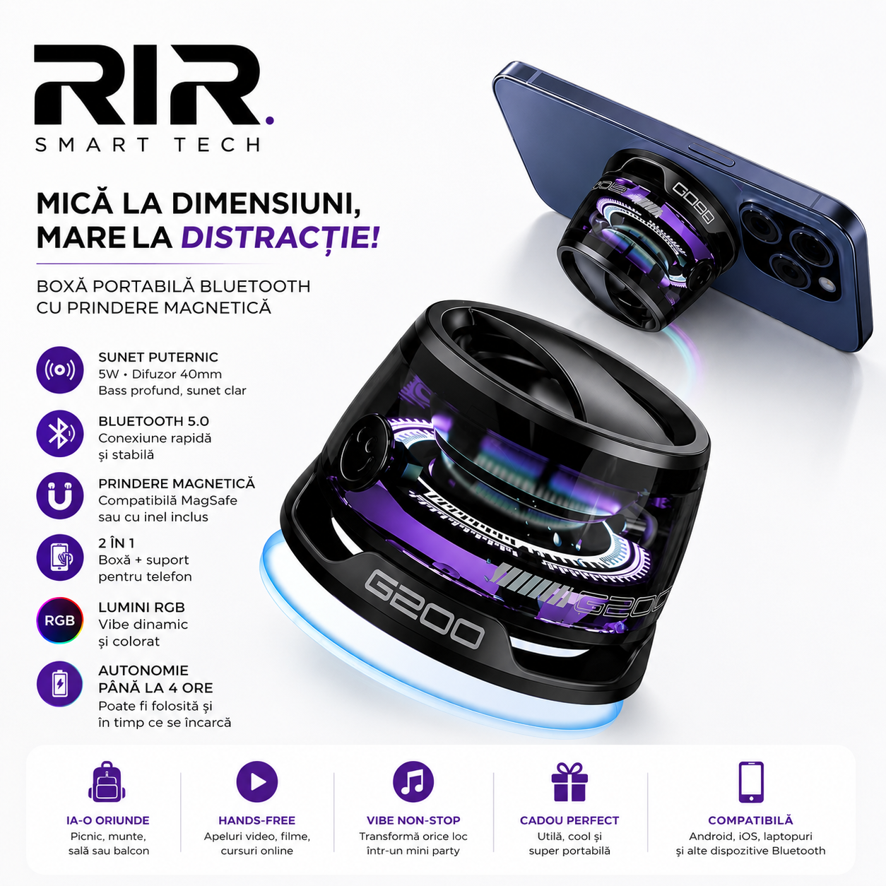 Boxa portabila mini Bluetooth G200 Razo, prindere MagSafe & inel magnetic, Suport telefon 2 in 1, lumini RGB, compatibila Apple/Android, Negru