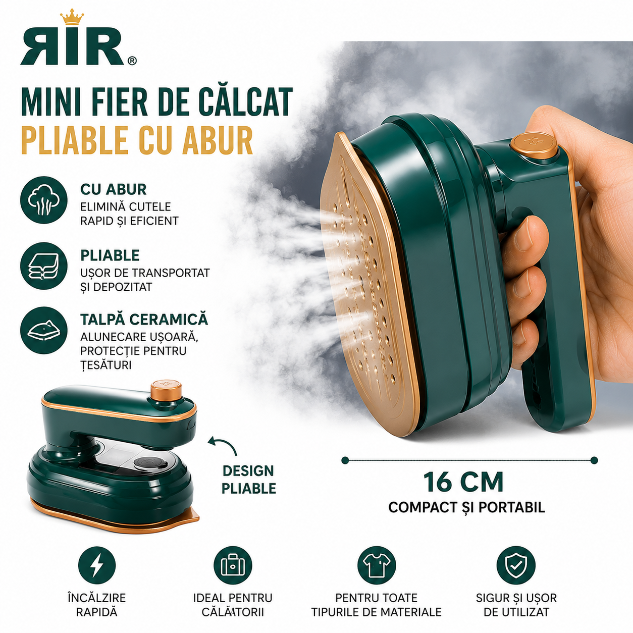 Fier de Călcat Mini cu Abur RirBob™ 16 cm– Pliabil, Portabil, Talpă Ceramică, Încălzire Rapidă