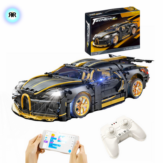 Masina Bugatti din Blocuri de Constructie – RIR@, 1368 Piese, 35 cm, LED, Aplicatie mobila & Telecomanda, 6+