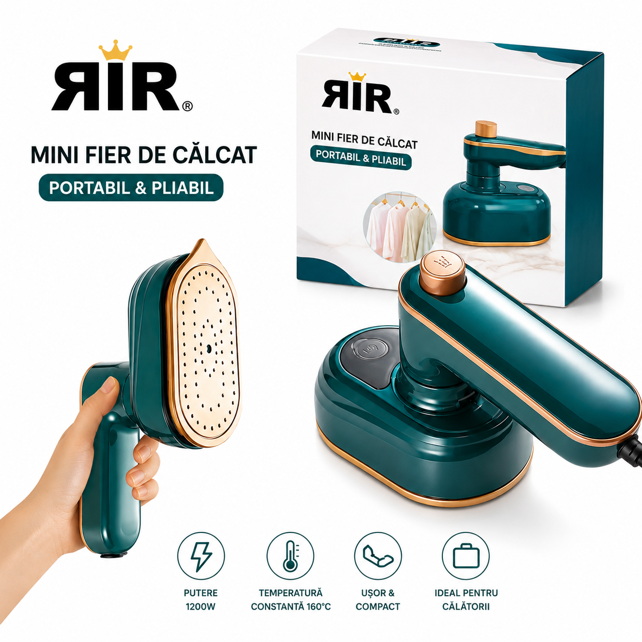 Fier de Călcat Mini cu Abur RirBob™ 16 cm– Pliabil, Portabil, Talpă Ceramică, Încălzire Rapidă