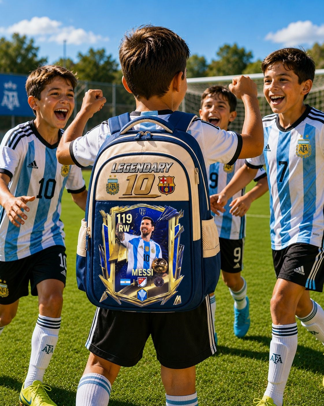 Ghiozdan Școlar Premium RirBob® Messi Legendary 10 Football, Ergonomic, Impermeabil, 3 Compartimente, Bretele Buretate, 42 x 32 x 18 cm, Albastru/Crem