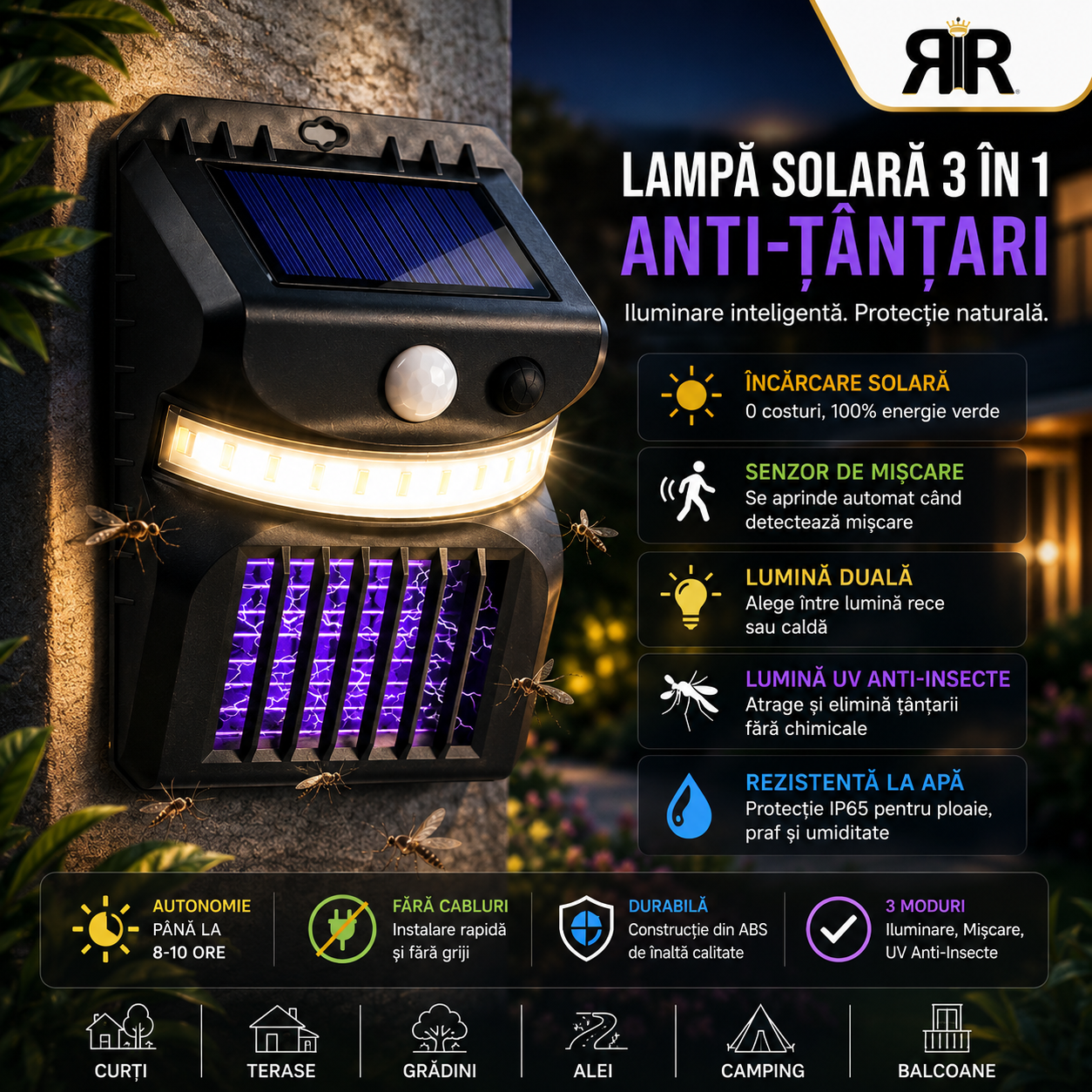 Lampă Solară Anti-Țânțari RirBob™, Electrosoc UV pentru Insecte, Încărcare Solară, Senzor de Mișcare, Lumină LED Exterior