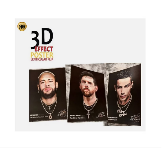 Tablou 3D Lenticular cu Rama RIR®, 30x40 cm, Neymar, Messi & Ronaldo
